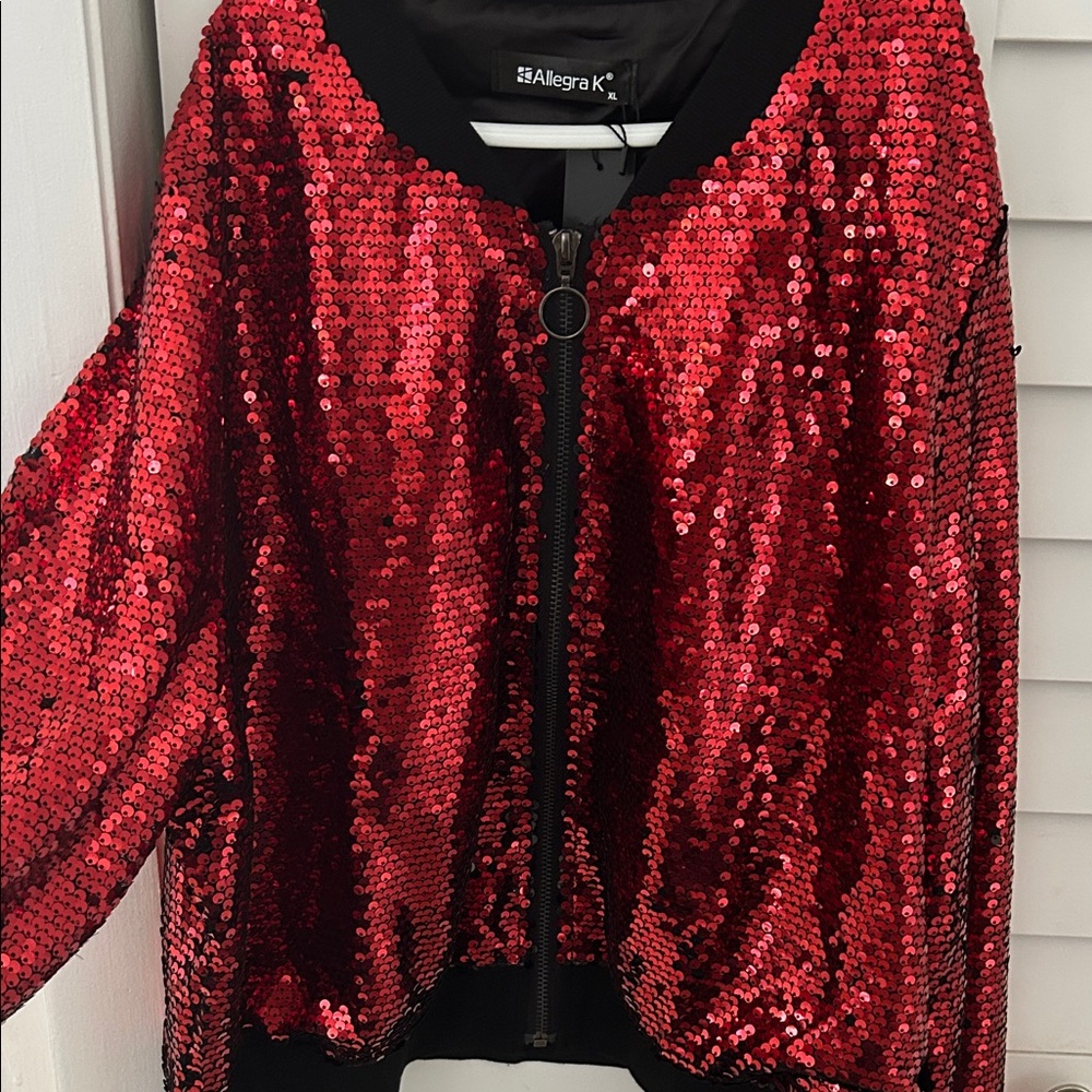 Allegra K Red Sequin Bomber with Black Trim